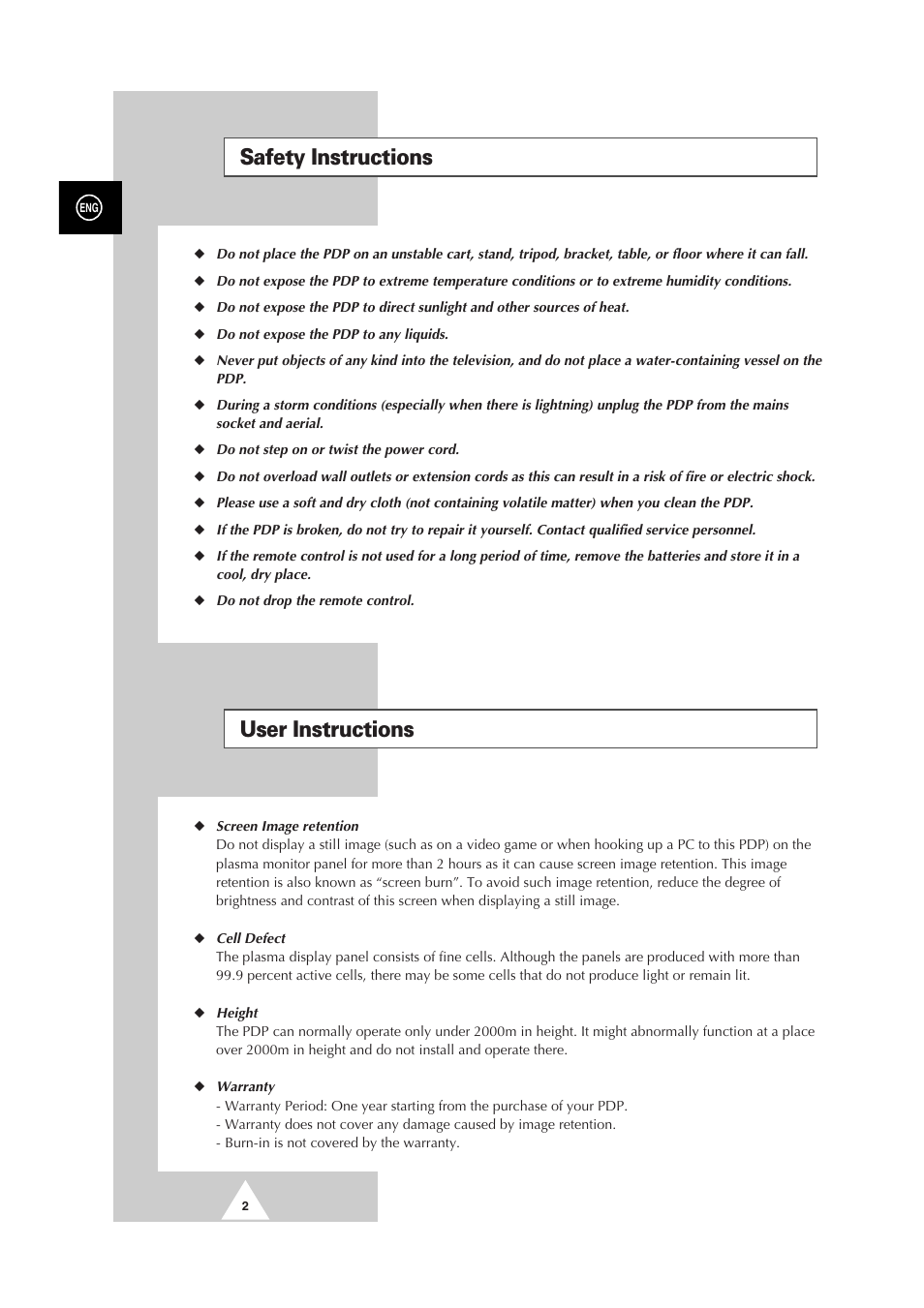 Safety instructions, User instructions | Samsung PS-50P2HT User Manual | Page 2 / 337