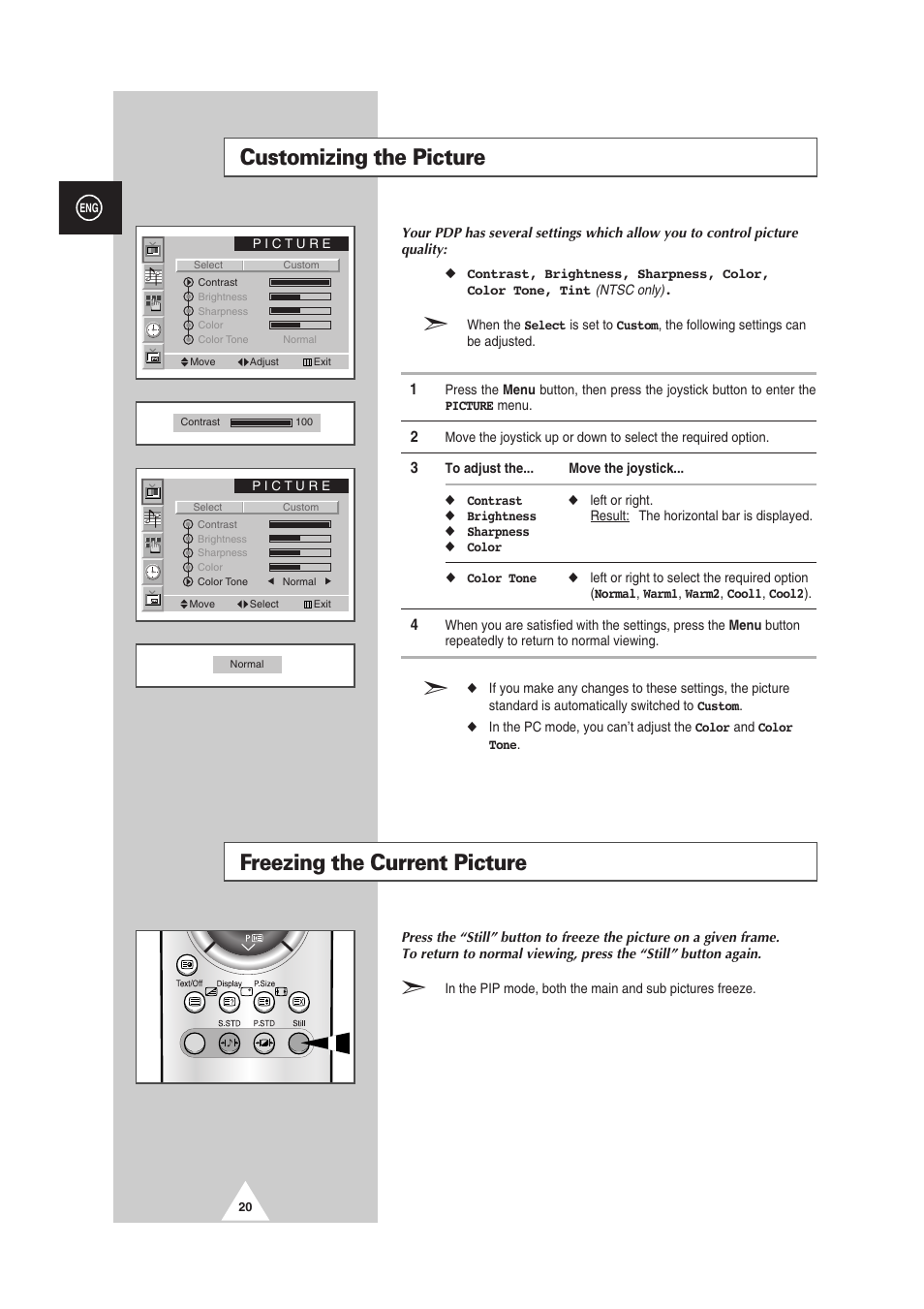Customizing the picture, Freezing the current picture | Samsung PS-50P2HT User Manual | Page 20 / 337