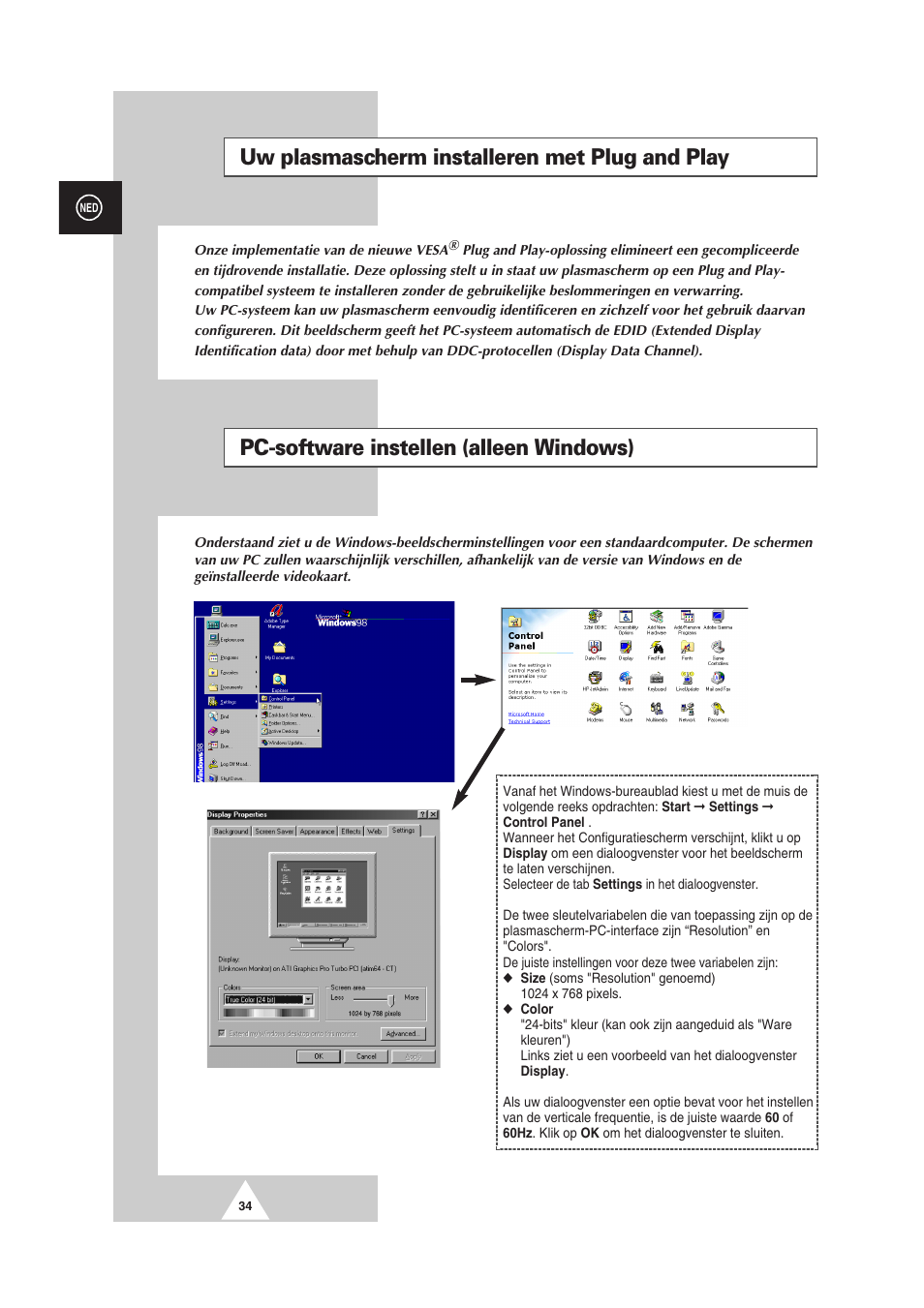 Uw plasmascherm installeren met plug and play, Pc-software instellen (alleen windows) | Samsung PS-50P2HT User Manual | Page 202 / 337