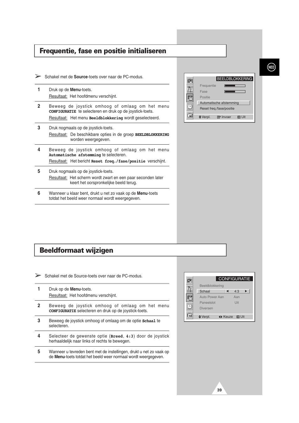 Beeldformaat wijzigen, Frequentie, fase en positie initialiseren | Samsung PS-50P2HT User Manual | Page 207 / 337