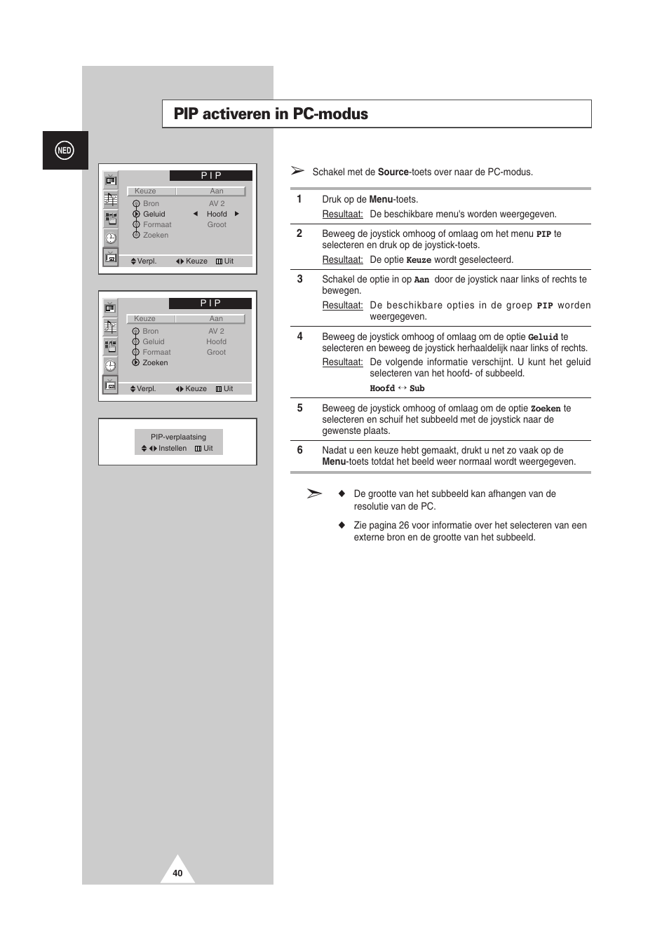 Pip activeren in pc-modus | Samsung PS-50P2HT User Manual | Page 208 / 337