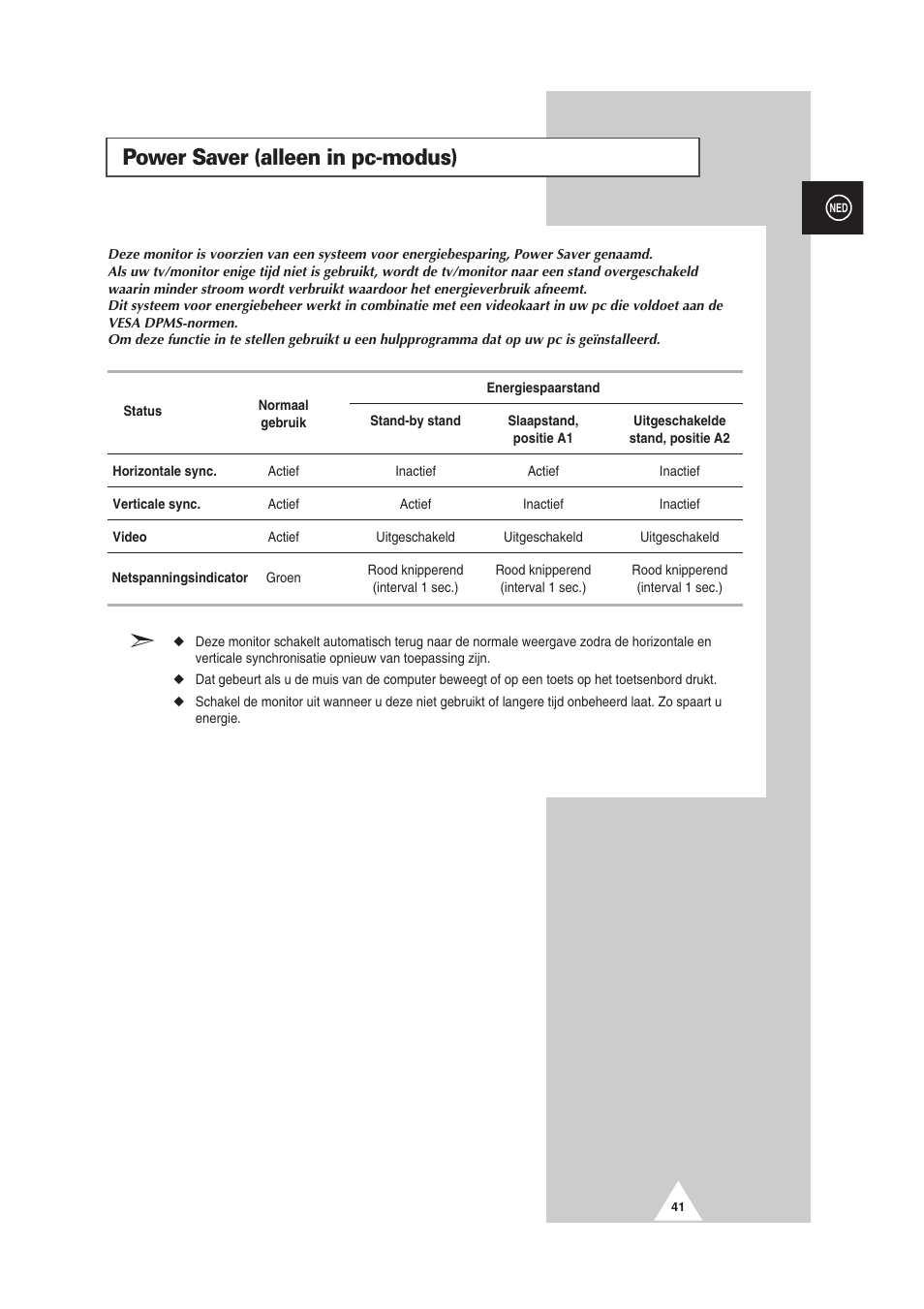 Power saver (alleen in pc-modus) | Samsung PS-50P2HT User Manual | Page 209 / 337