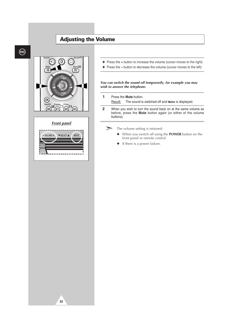 Adjusting the volume | Samsung PS-50P2HT User Manual | Page 22 / 337