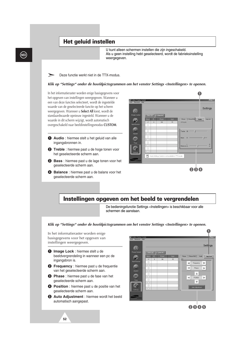 Het geluid instellen, Instellingen opgeven om het beeld te vergrendelen | Samsung PS-50P2HT User Manual | Page 220 / 337