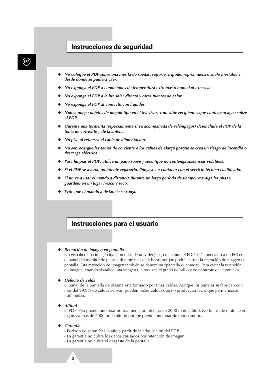 Instrucciones de seguridad, Instrucciones para el usuario | Samsung PS-50P2HT User Manual | Page 226 / 337