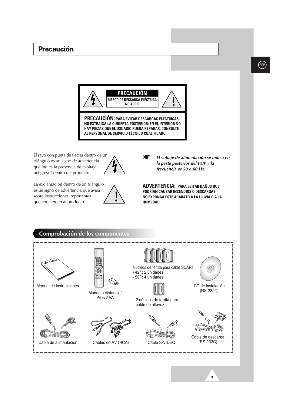 Precaución | Samsung PS-50P2HT User Manual | Page 227 / 337