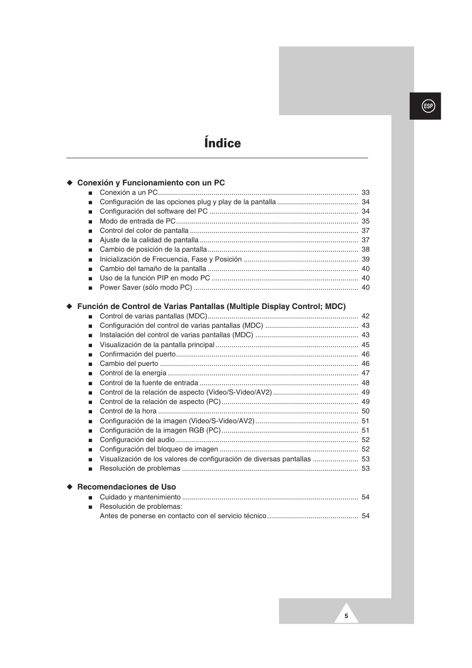 Índice, Conexión y funcionamiento con un pc, Recomendaciones de uso | Samsung PS-50P2HT User Manual | Page 229 / 337