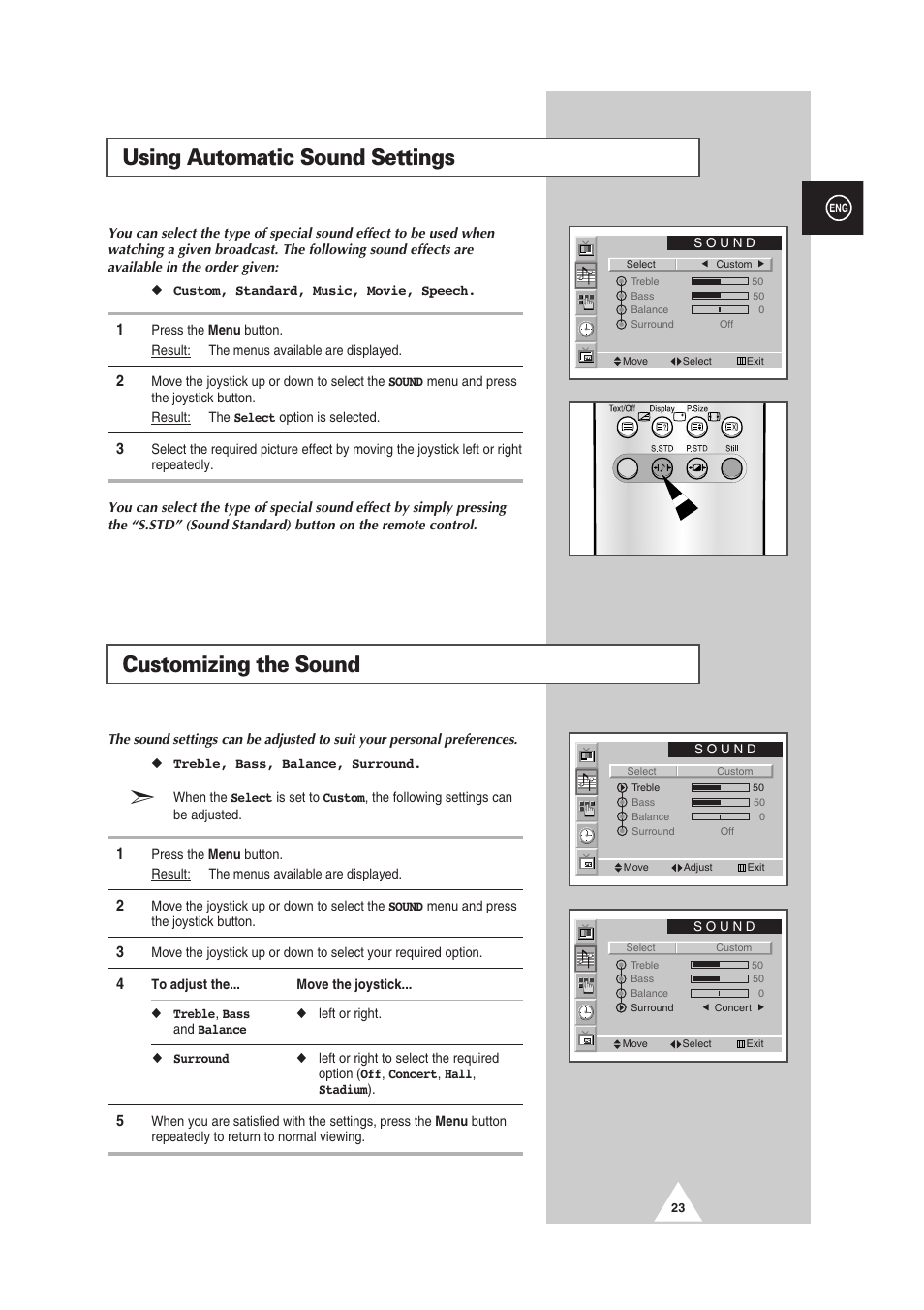 Customizing the sound, Using automatic sound settings | Samsung PS-50P2HT User Manual | Page 23 / 337