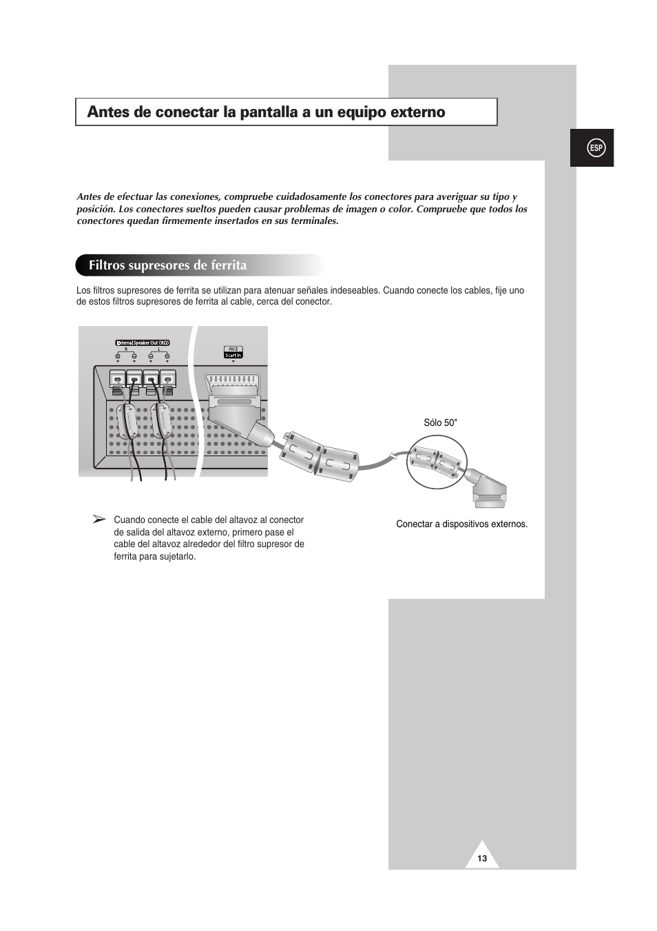 Antes de conectar la pantalla a un equipo externo | Samsung PS-50P2HT User Manual | Page 237 / 337