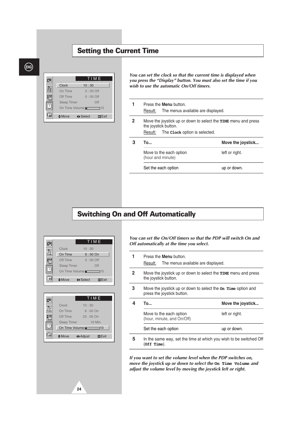 Switching on and off automatically, Setting the current time | Samsung PS-50P2HT User Manual | Page 24 / 337