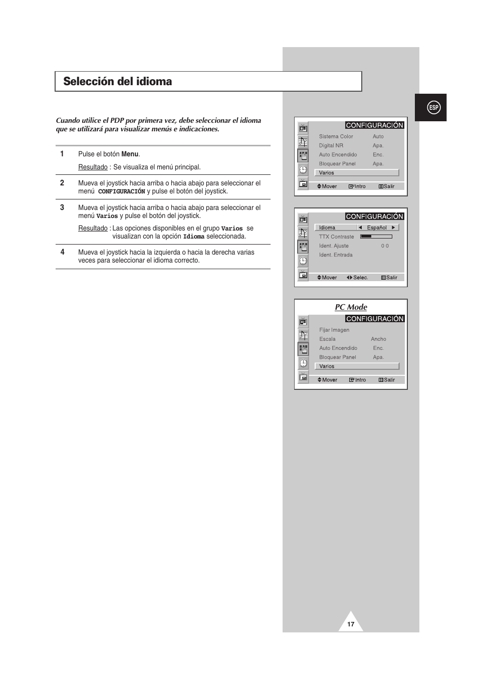 Selección del idioma | Samsung PS-50P2HT User Manual | Page 241 / 337