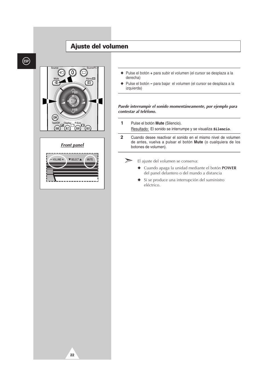 Ajuste del volumen | Samsung PS-50P2HT User Manual | Page 246 / 337