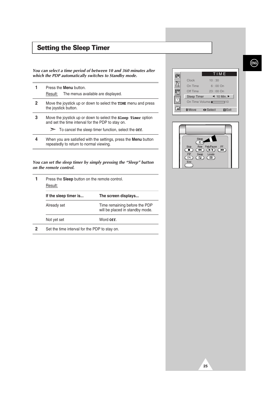 Setting the sleep timer | Samsung PS-50P2HT User Manual | Page 25 / 337