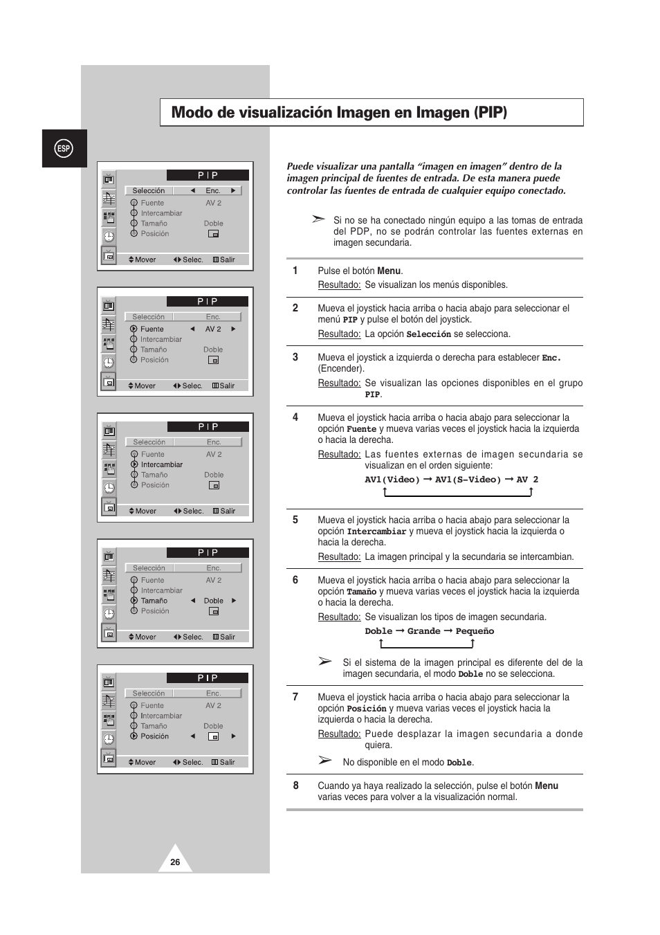 Modo de visualización imagen en imagen (pip) | Samsung PS-50P2HT User Manual | Page 250 / 337