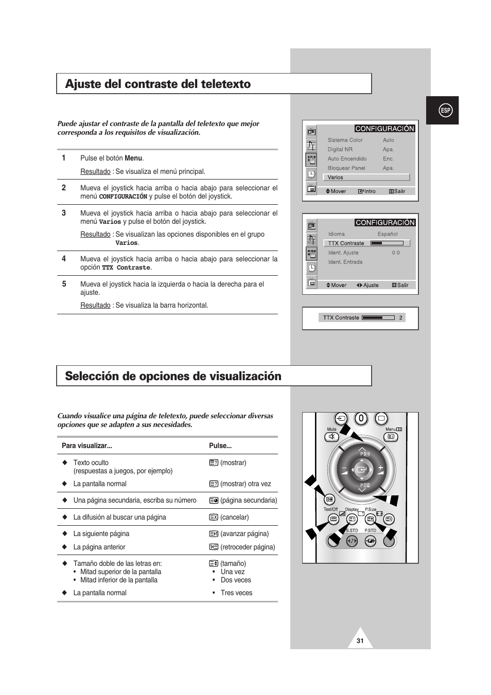 Selección de opciones de visualización, Ajuste del contraste del teletexto | Samsung PS-50P2HT User Manual | Page 255 / 337
