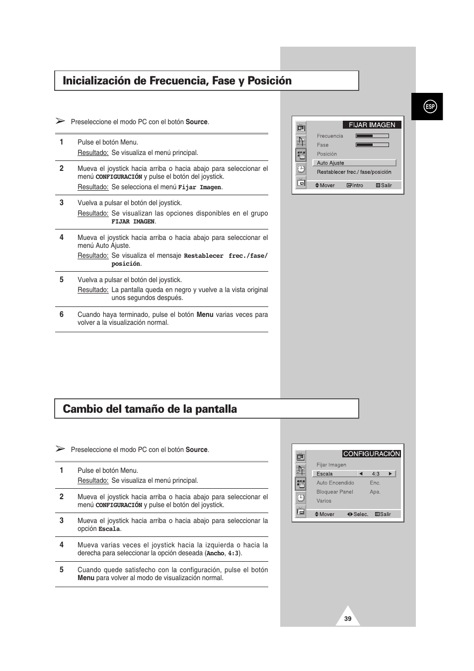 Cambio del tamaño de la pantalla, Inicialización de frecuencia, fase y posición | Samsung PS-50P2HT User Manual | Page 263 / 337