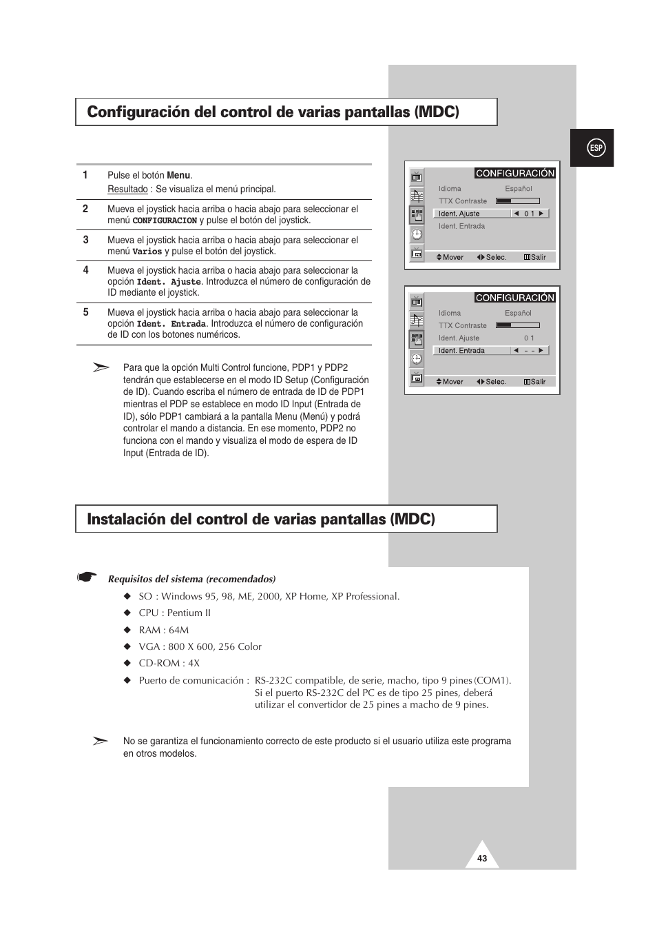 Instalación del control de varias pantallas (mdc) | Samsung PS-50P2HT User Manual | Page 267 / 337