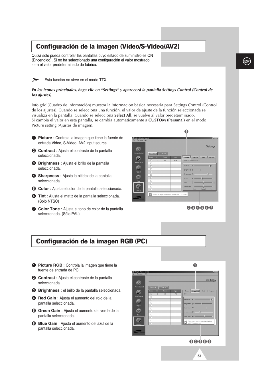 Configuración de la imagen (vídeo/s-video/av2), Configuración de la imagen rgb (pc) | Samsung PS-50P2HT User Manual | Page 275 / 337