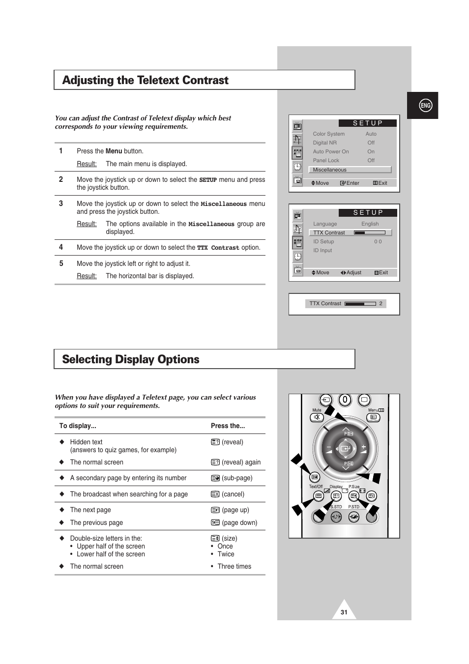 Selecting display options, Adjusting the teletext contrast | Samsung PS-50P2HT User Manual | Page 31 / 337