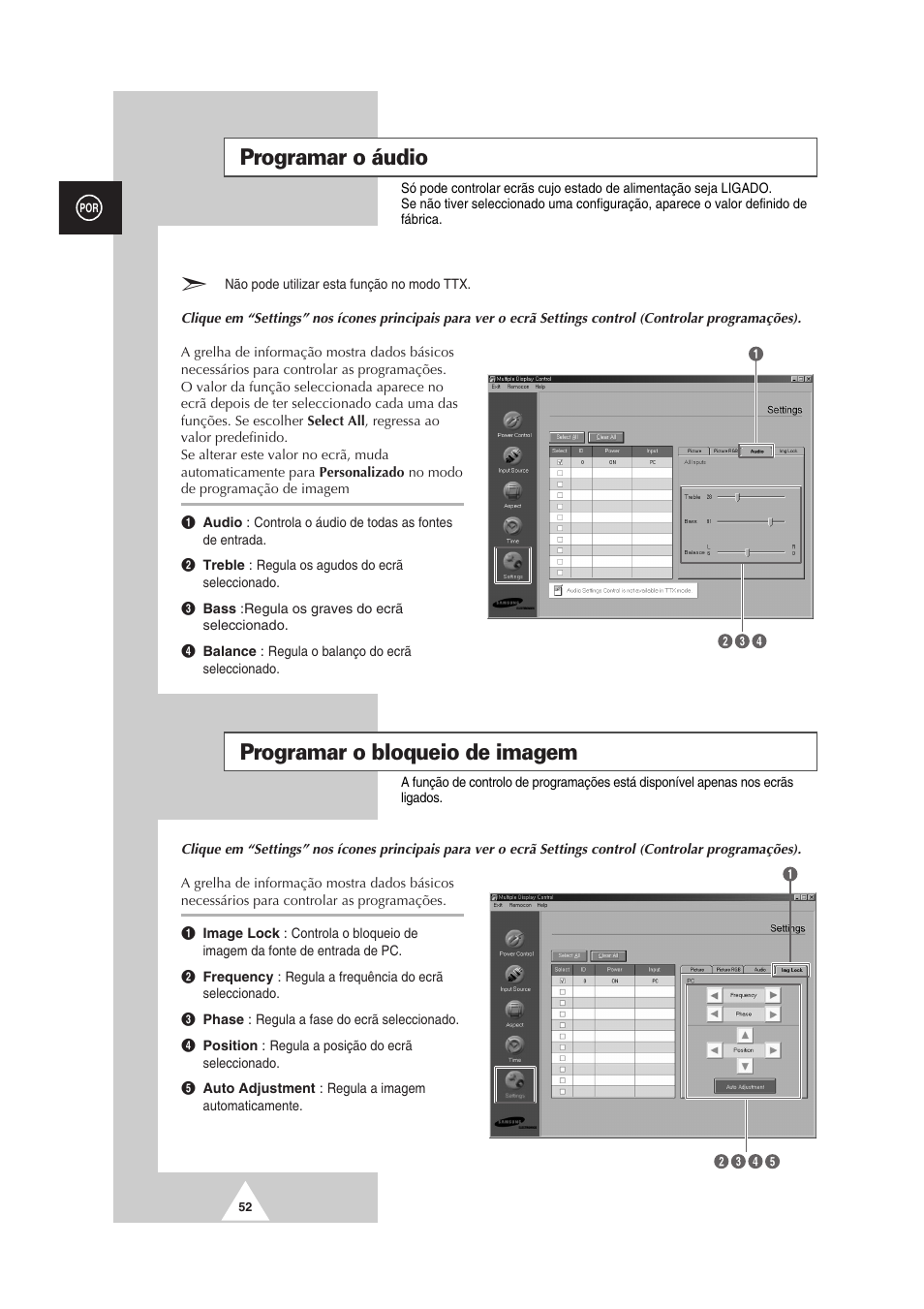 Programar o áudio, Programar o bloqueio de imagem | Samsung PS-50P2HT User Manual | Page 332 / 337