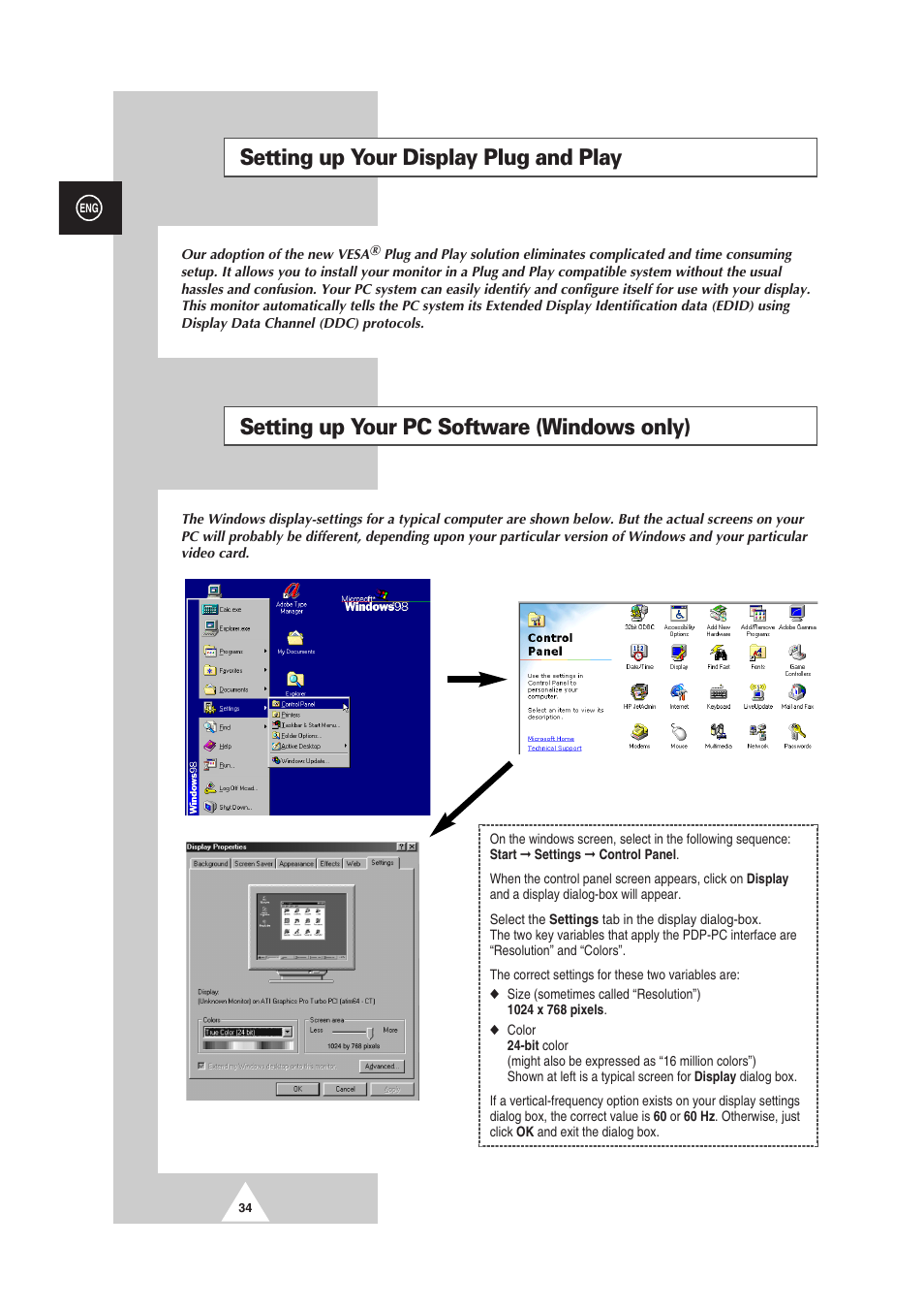 Setting up your display plug and play, Setting up your pc software (windows only) | Samsung PS-50P2HT User Manual | Page 34 / 337