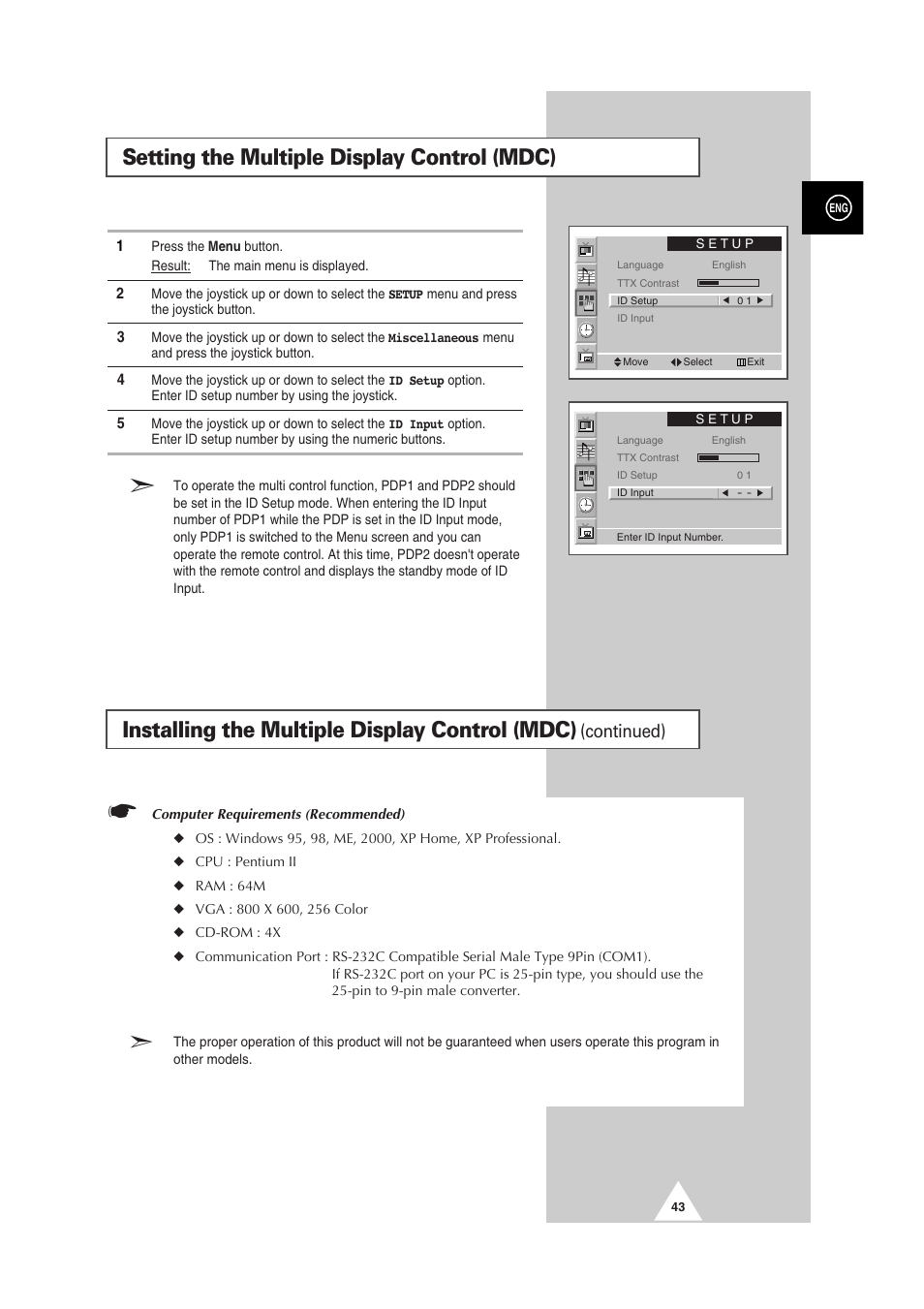 Setting the multiple display control (mdc), Installing the multiple display control (mdc), Continued) | Samsung PS-50P2HT User Manual | Page 43 / 337