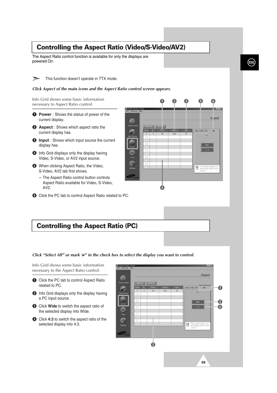 Controlling the aspect ratio (video/s-video/av2), Controlling the aspect ratio (pc) | Samsung PS-50P2HT User Manual | Page 49 / 337