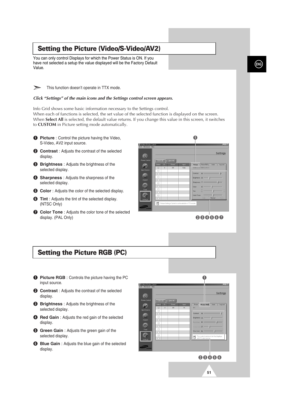 Setting the picture (video/s-video/av2), Setting the picture rgb (pc) | Samsung PS-50P2HT User Manual | Page 51 / 337