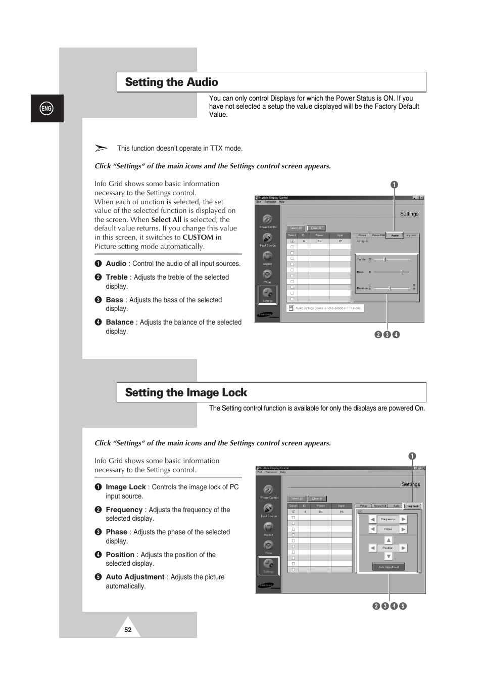 Setting the audio, Setting the image lock | Samsung PS-50P2HT User Manual | Page 52 / 337