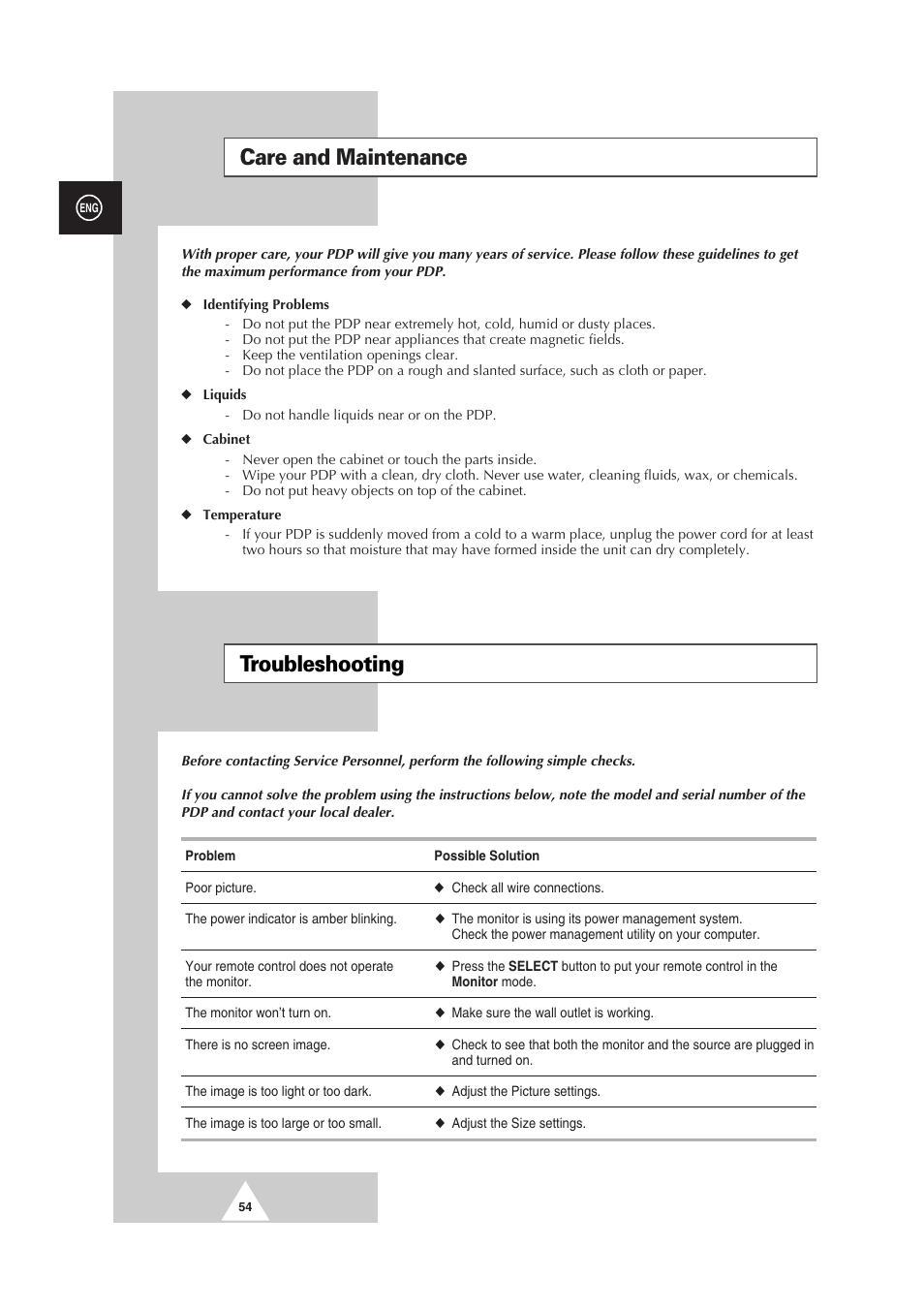 Care and maintenance troubleshooting | Samsung PS-50P2HT User Manual | Page 54 / 337