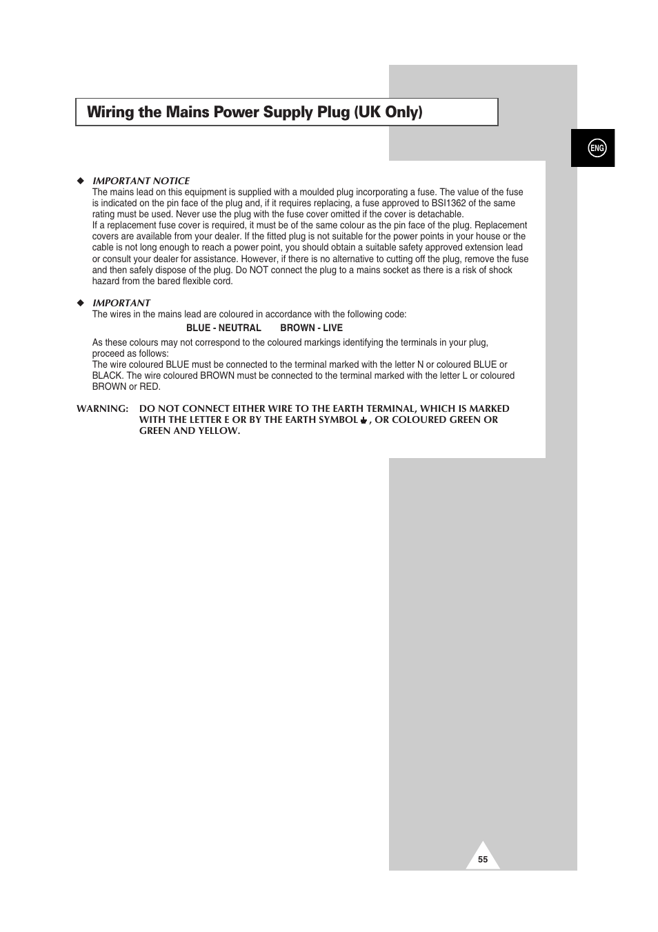 Wiring the mains power supply plug (uk only) | Samsung PS-50P2HT User Manual | Page 55 / 337