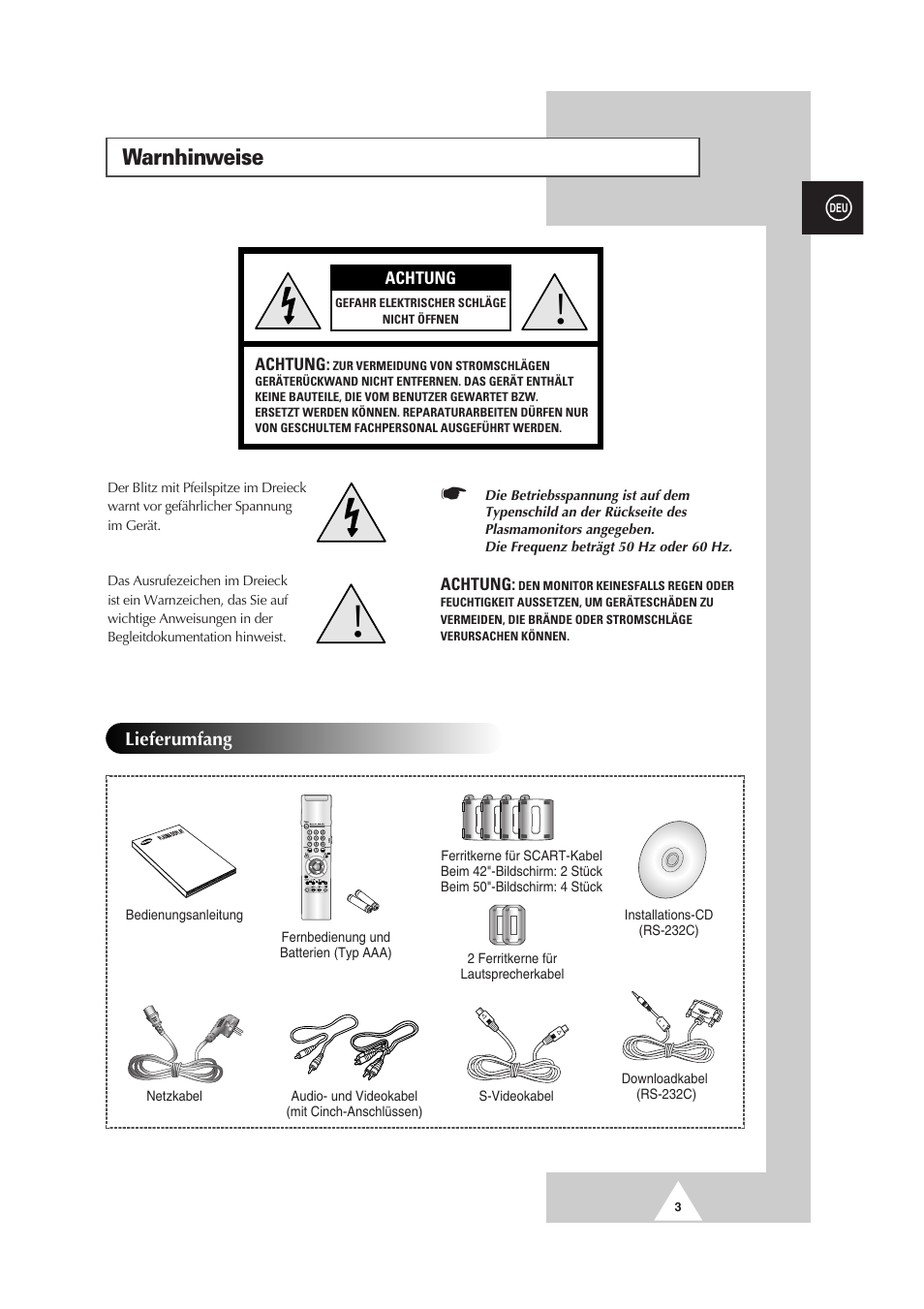 Warnhinweise | Samsung PS-50P2HT User Manual | Page 59 / 337