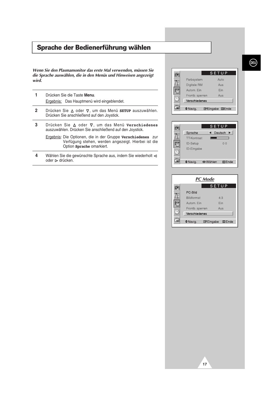 Sprache der bedienerführung wählen | Samsung PS-50P2HT User Manual | Page 73 / 337