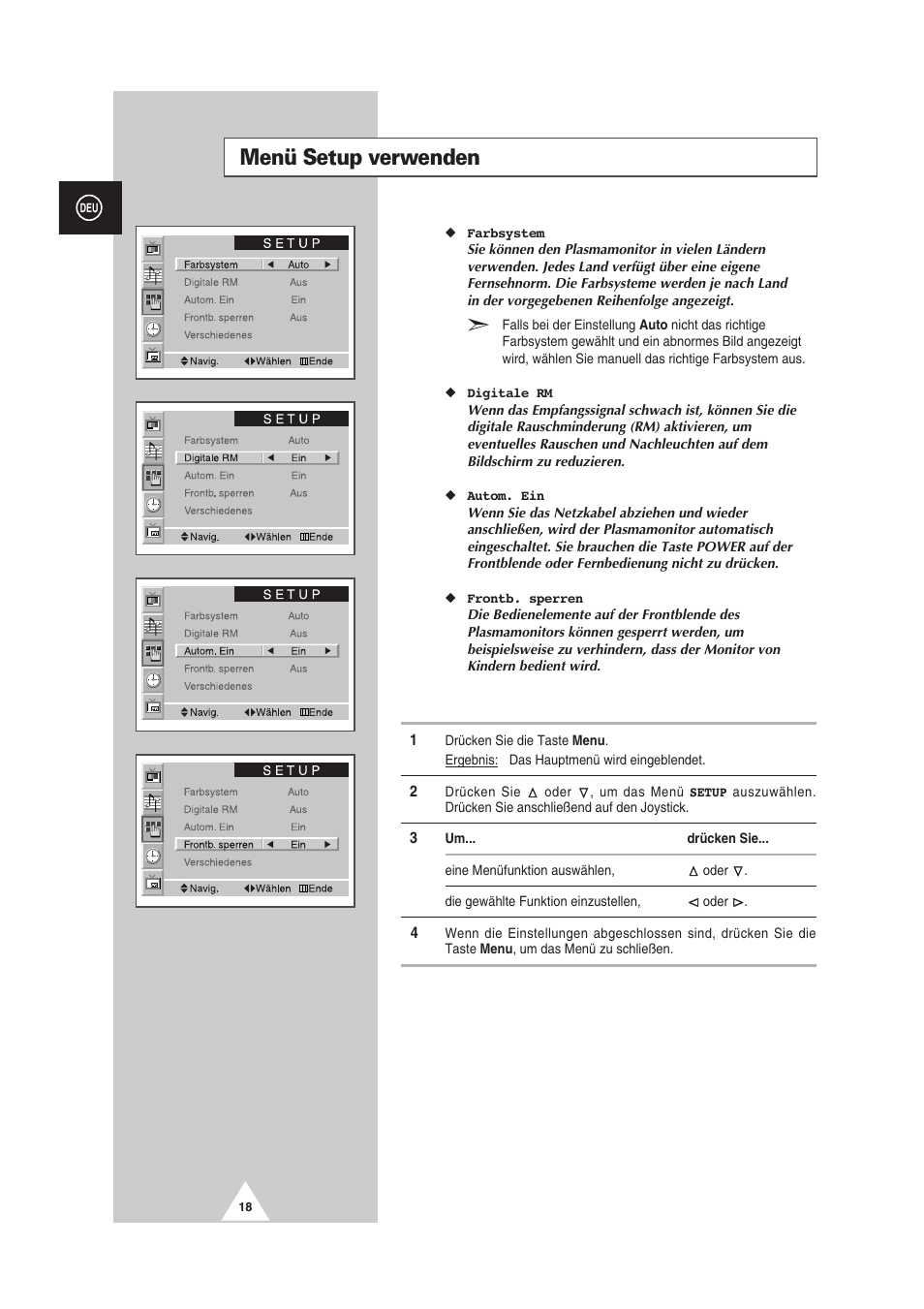 Menü setup verwenden | Samsung PS-50P2HT User Manual | Page 74 / 337