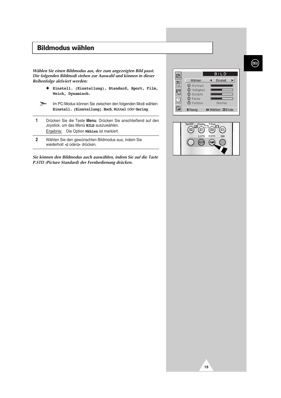 Bildmodus wählen | Samsung PS-50P2HT User Manual | Page 75 / 337