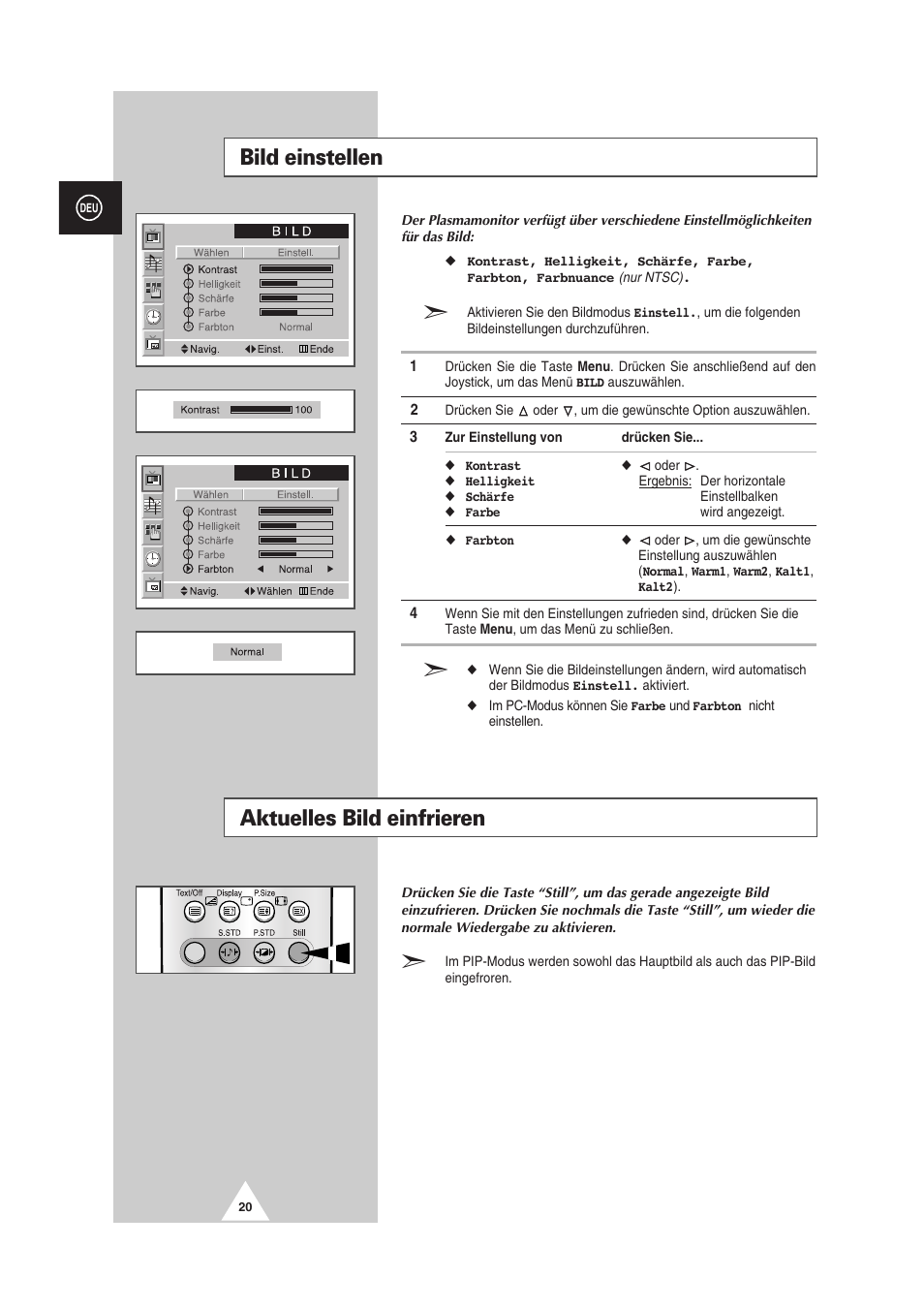Bild einstellen, Aktuelles bild einfrieren | Samsung PS-50P2HT User Manual | Page 76 / 337