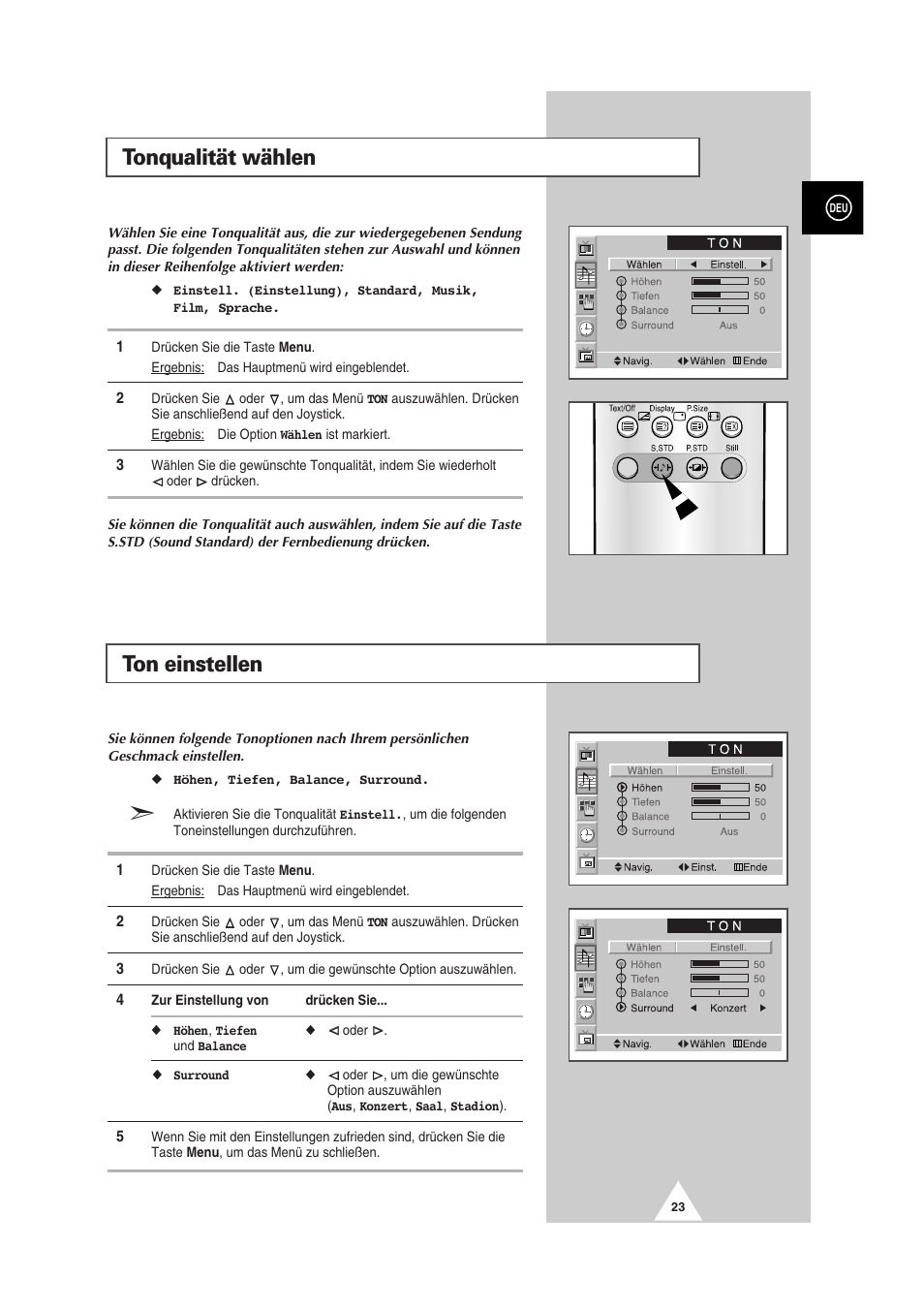 Ton einstellen, Tonqualität wählen | Samsung PS-50P2HT User Manual | Page 79 / 337