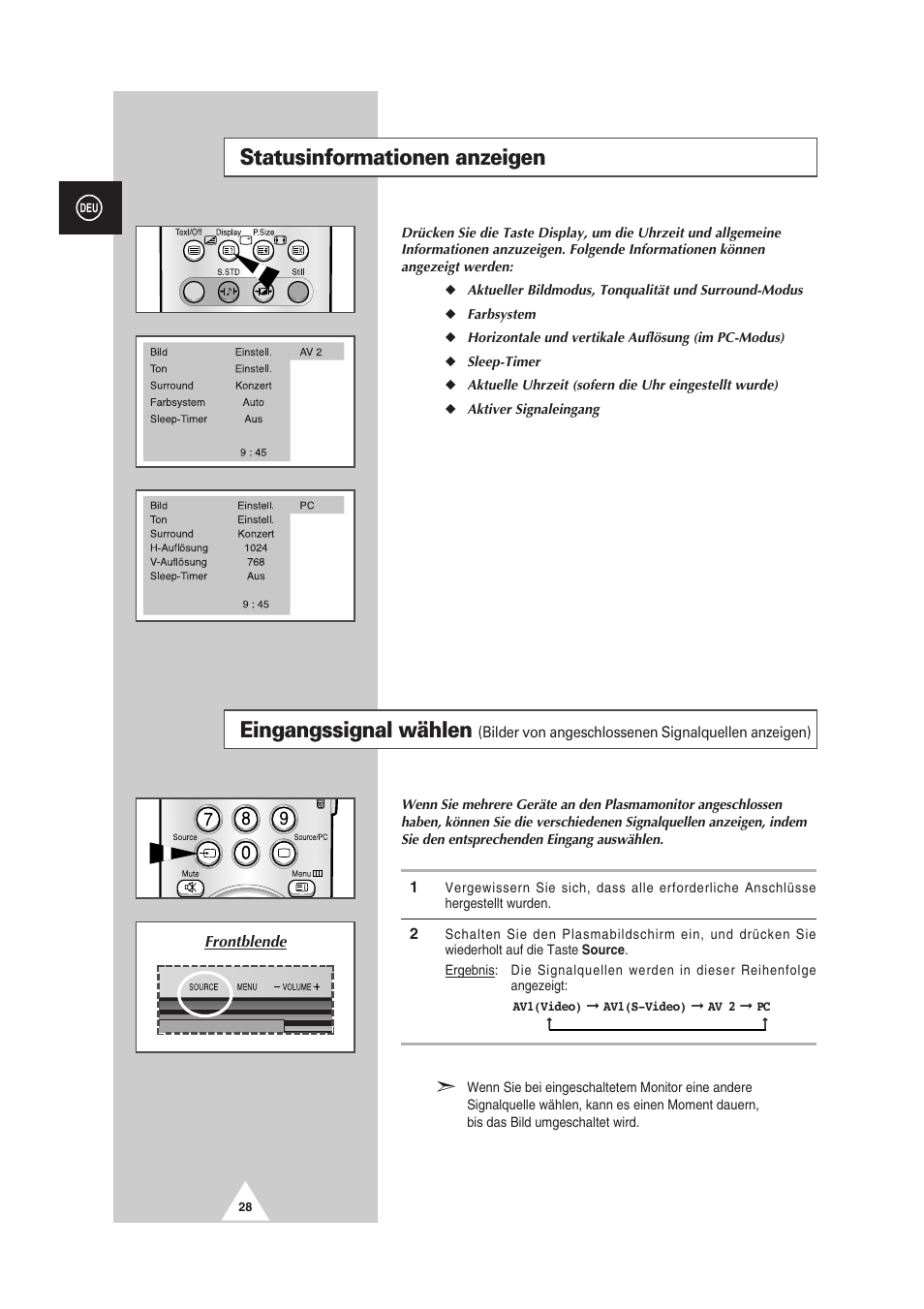 Statusinformationen anzeigen, Eingangssignal wählen | Samsung PS-50P2HT User Manual | Page 84 / 337