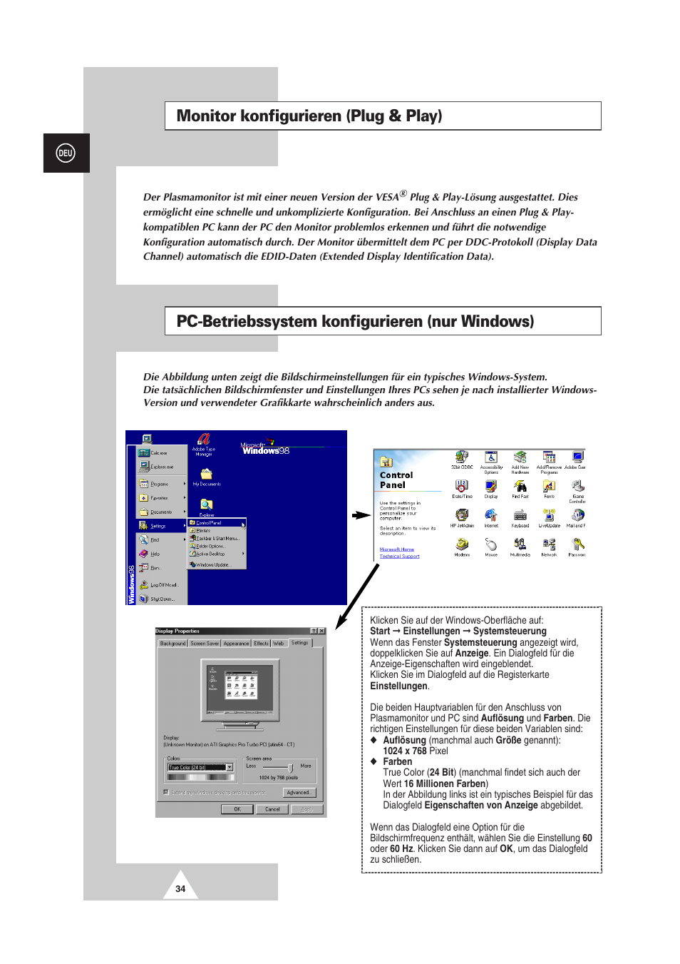 Monitor konfigurieren (plug & play), Pc-betriebssystem konfigurieren (nur windows) | Samsung PS-50P2HT User Manual | Page 90 / 337