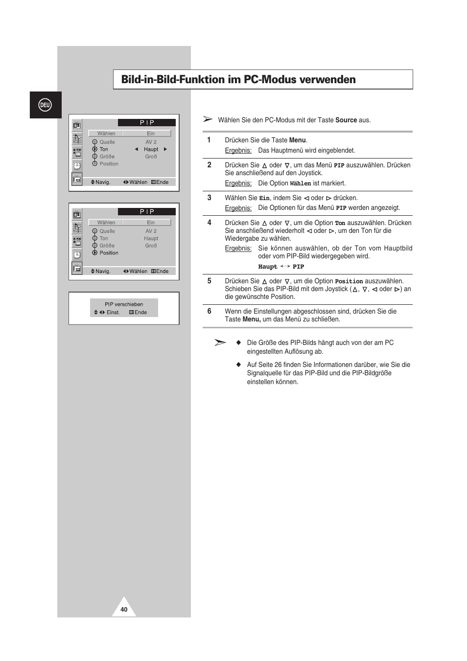 Bild-in-bild-funktion im pc-modus verwenden | Samsung PS-50P2HT User Manual | Page 96 / 337