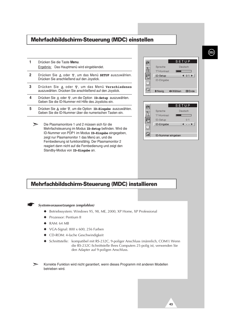 Mehrfachbildschirm-steuerung (mdc) einstellen, Mehrfachbildschirm-steuerung (mdc) installieren | Samsung PS-50P2HT User Manual | Page 99 / 337