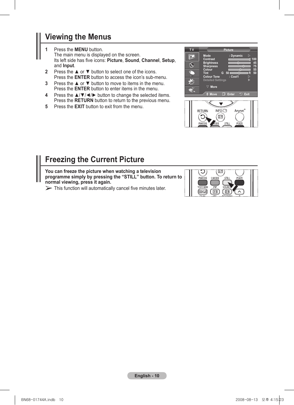 Viewing the menus, Freezing the current picture | Samsung PS42A411C2 User Manual | Page 10 / 568