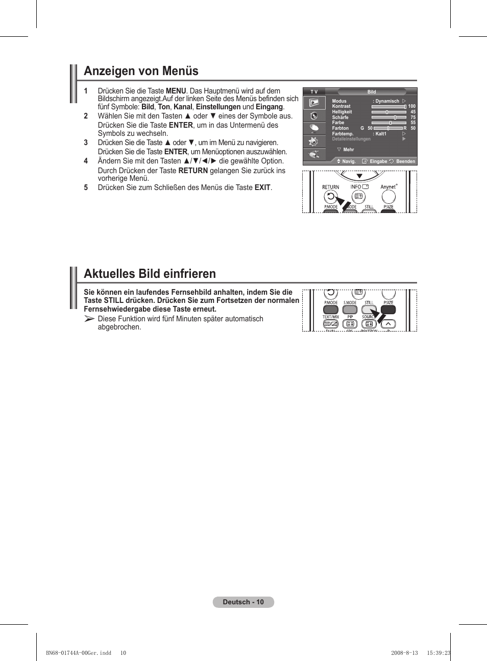 Anzeigen von menüs, Aktuelles bild einfrieren | Samsung PS42A411C2 User Manual | Page 105 / 568