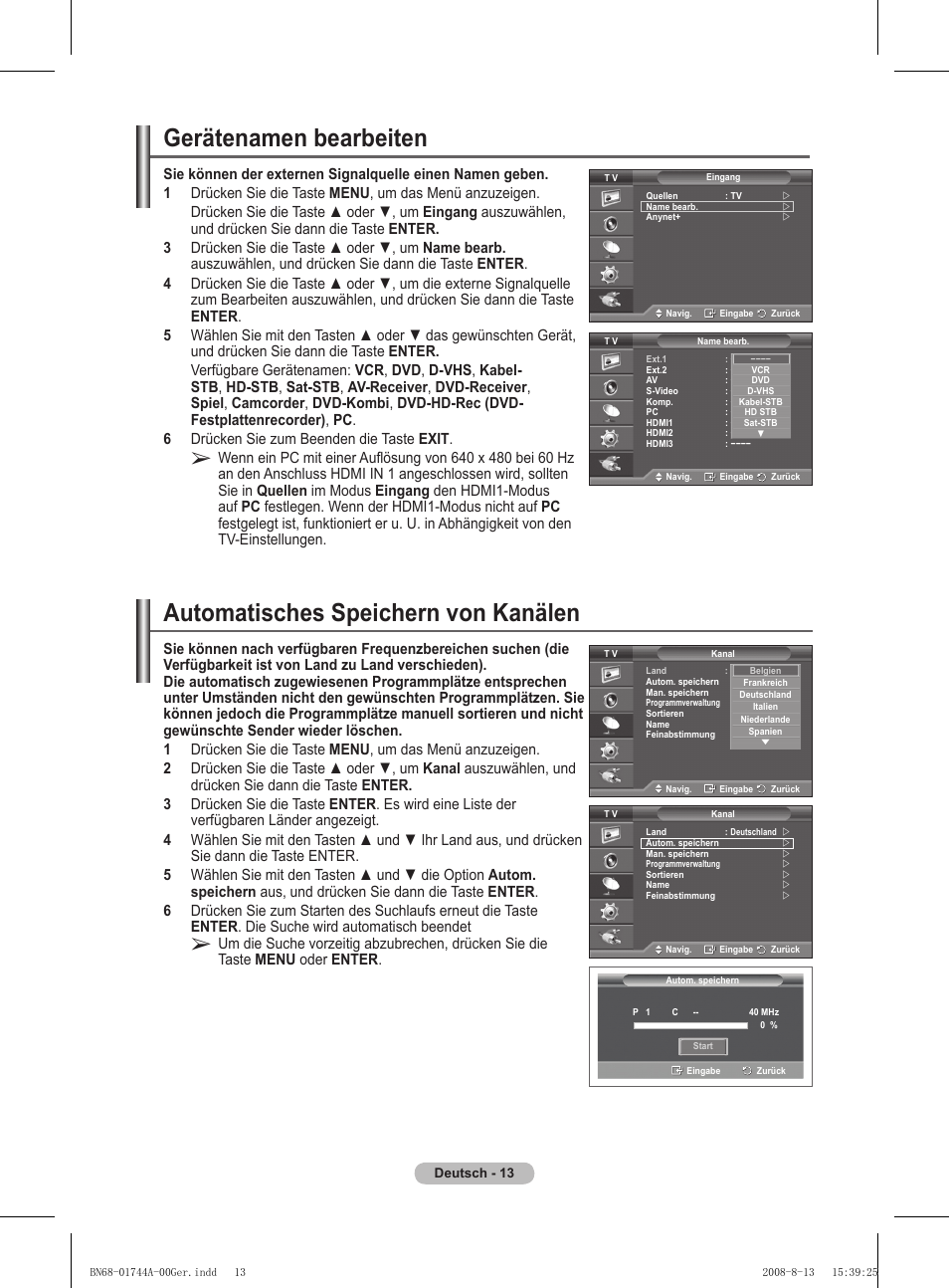 Gerätenamen bearbeiten, Automatisches speichern von kanälen | Samsung PS42A411C2 User Manual | Page 108 / 568