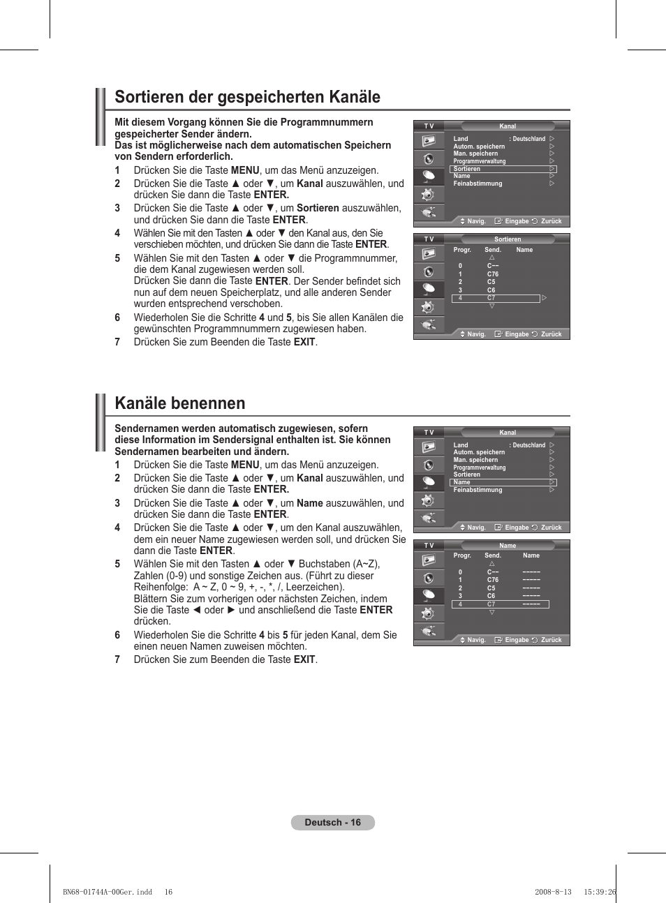 Sortieren der gespeicherten kanäle, Kanäle benennen | Samsung PS42A411C2 User Manual | Page 111 / 568