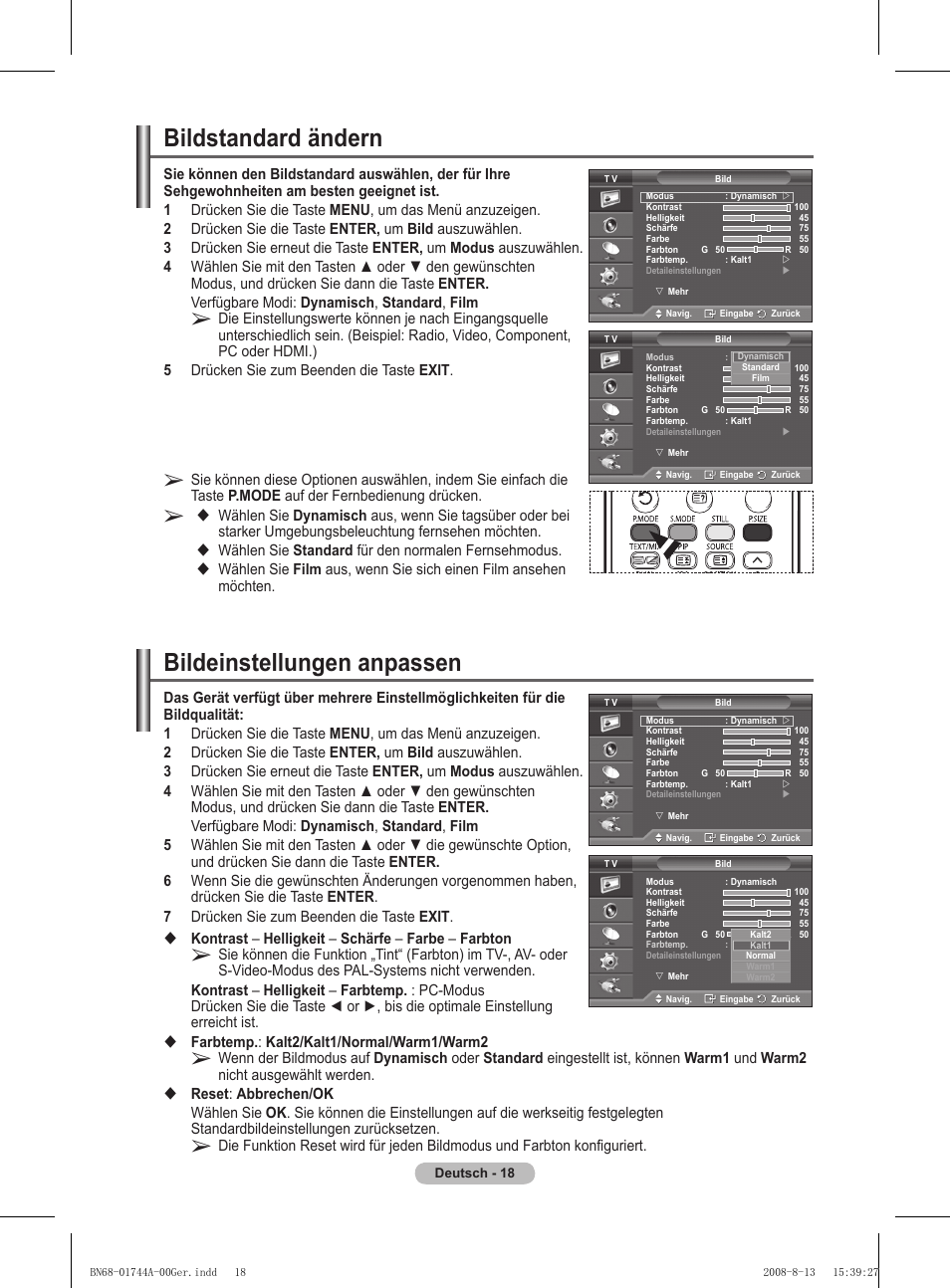 Bildstandard ändern, Bildeinstellungen anpassen, Wählen sie standard für den normalen fernsehmodus | Samsung PS42A411C2 User Manual | Page 113 / 568