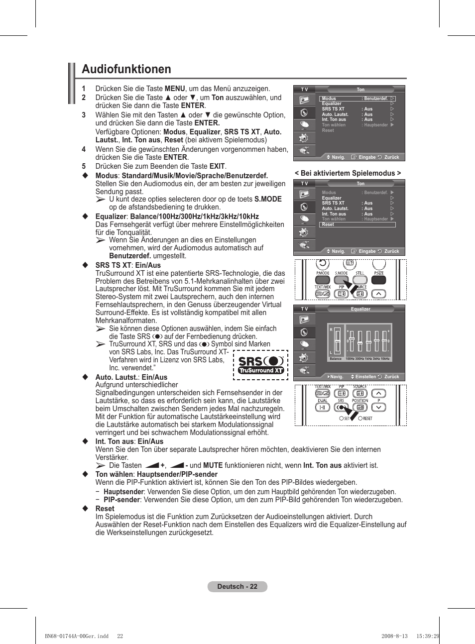 Audiofunktionen | Samsung PS42A411C2 User Manual | Page 117 / 568