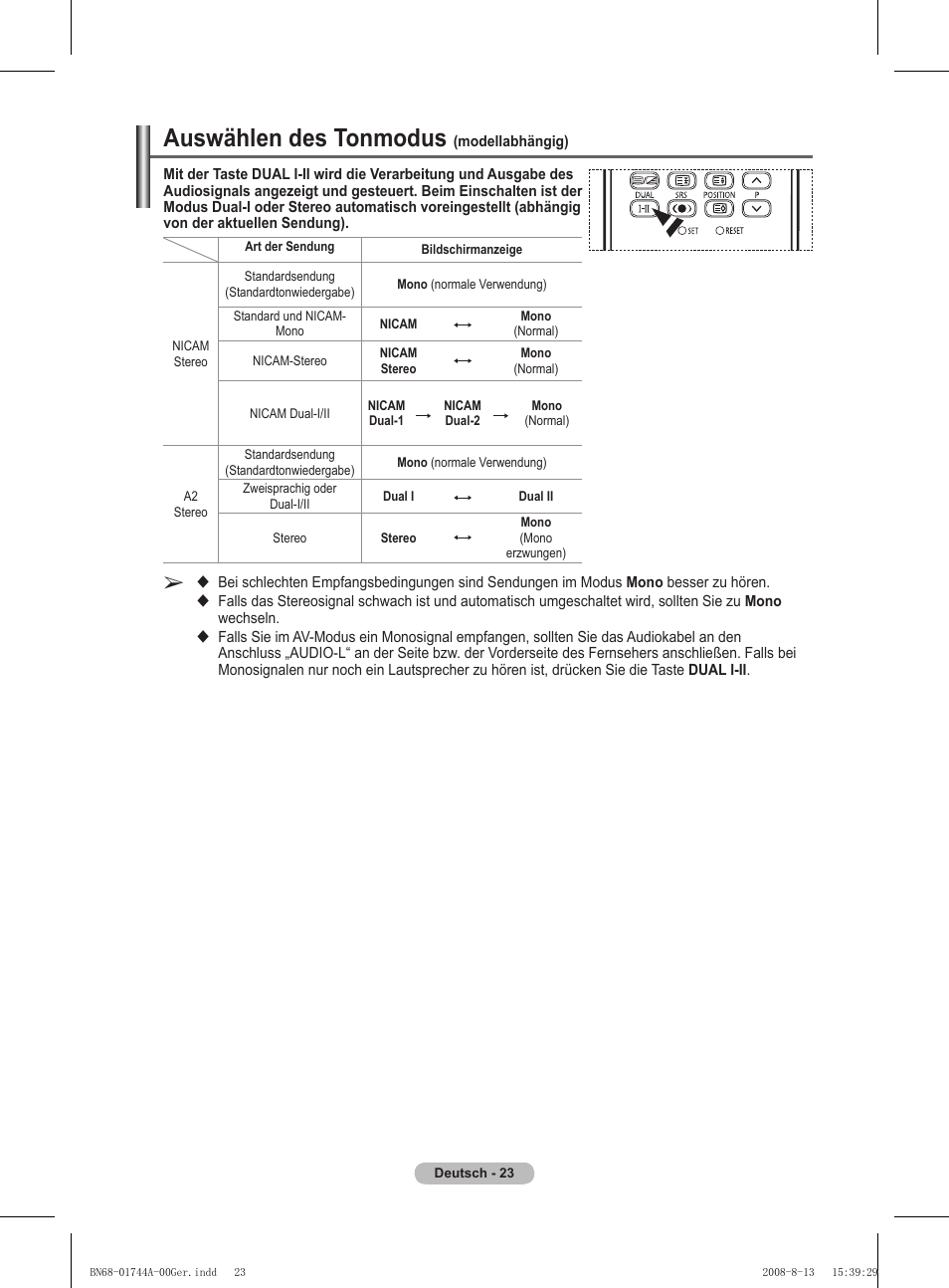 Auswählen des tonmodus | Samsung PS42A411C2 User Manual | Page 118 / 568