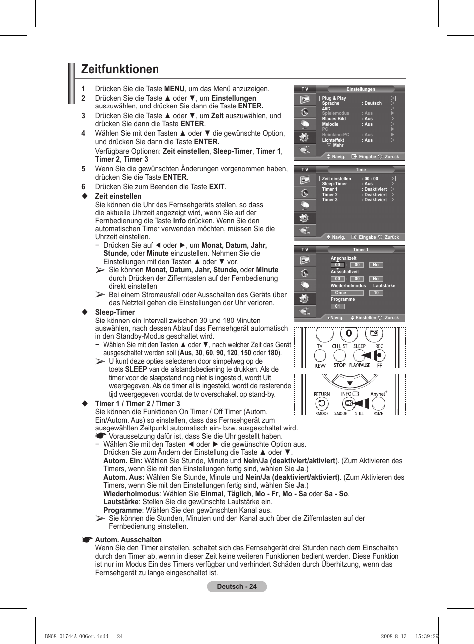 Zeitfunktionen | Samsung PS42A411C2 User Manual | Page 119 / 568