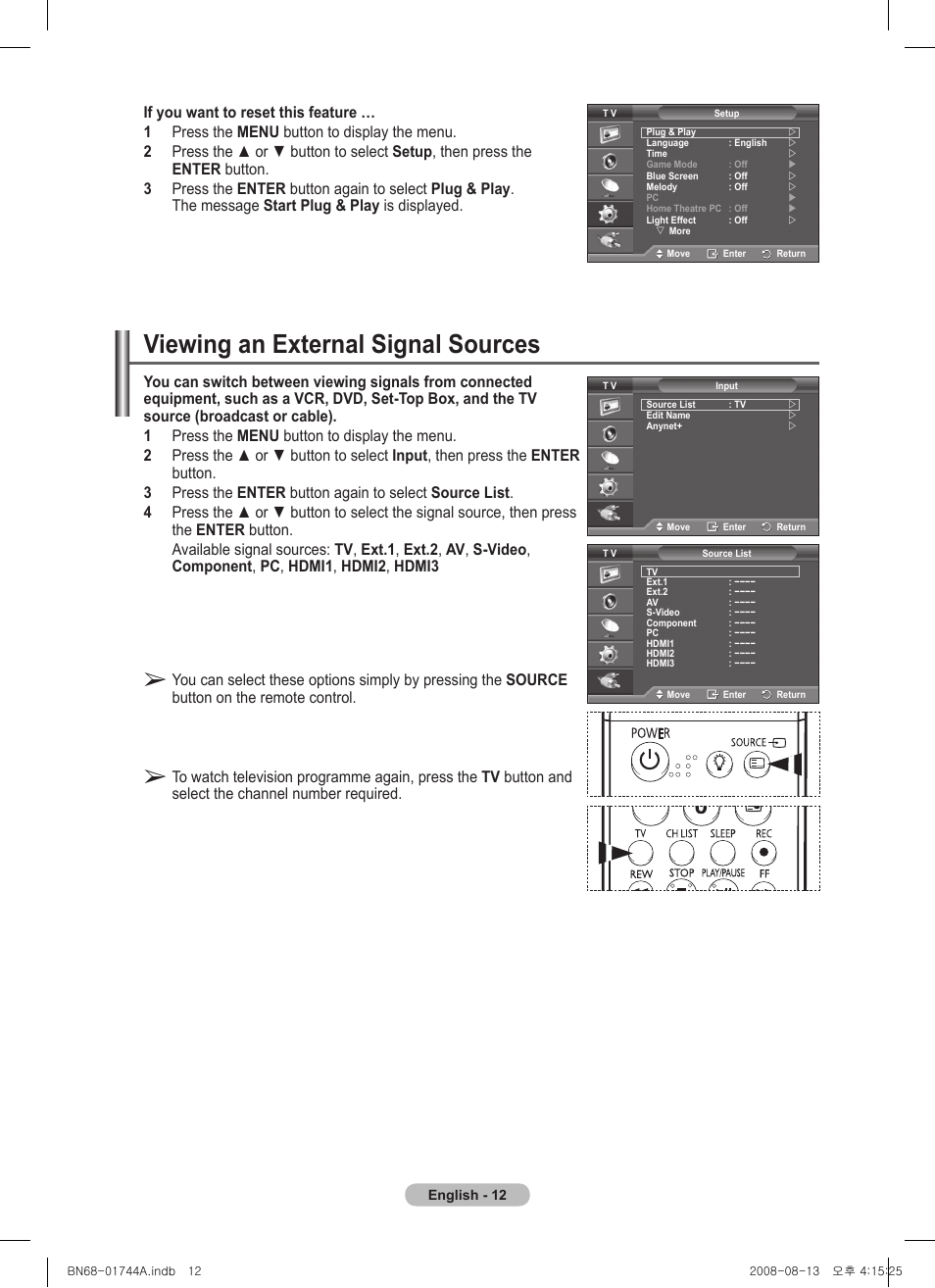 Viewing an external signal sources | Samsung PS42A411C2 User Manual | Page 12 / 568